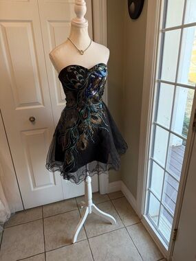 Strapless Black Prom Dress with Peacock Motif Embroidery